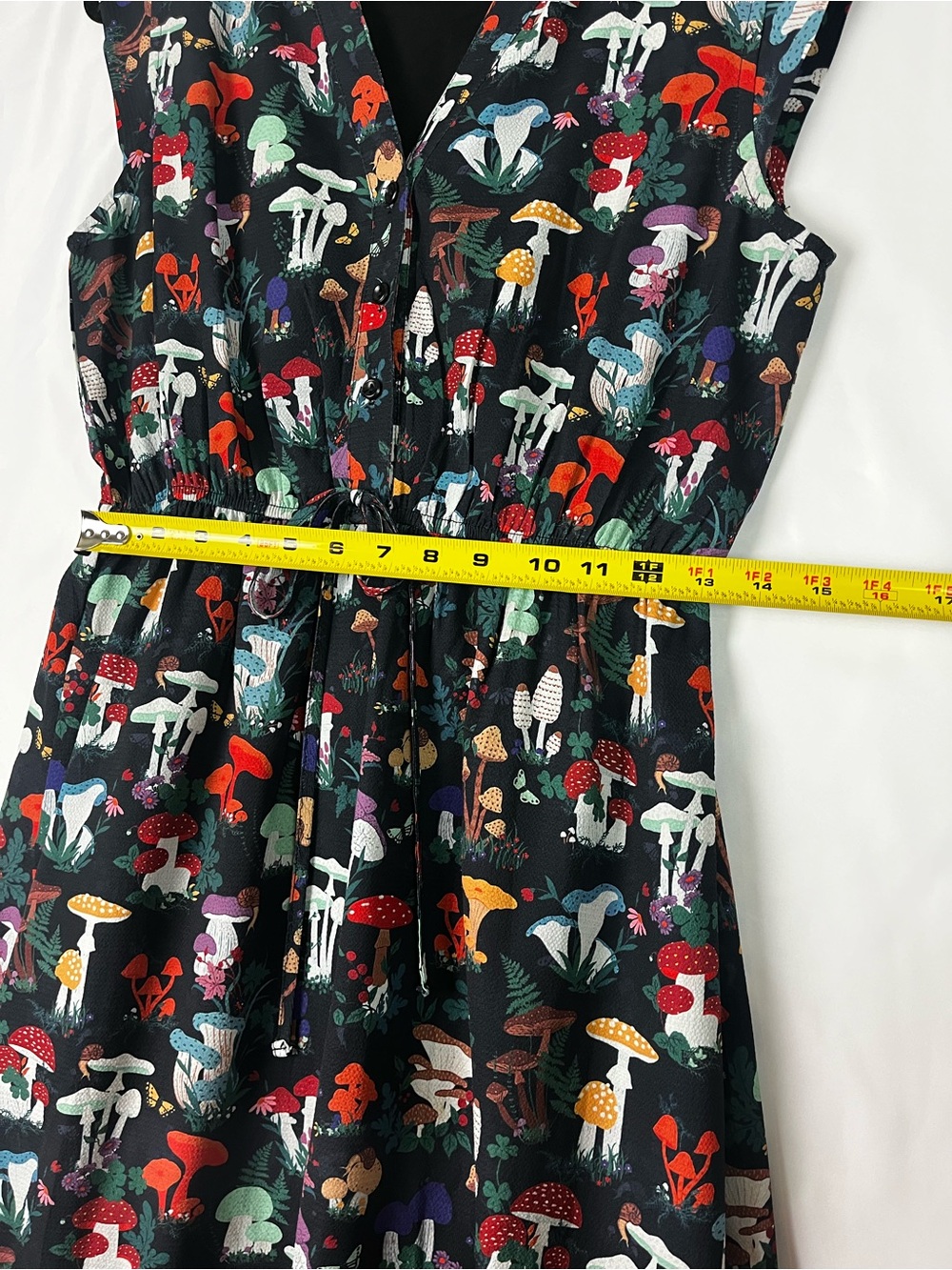 Whimsigoth Witchy Fairy Cottagecore Mushroom Print Lined Dress with Pockets Sz M - Picture 9 of 15